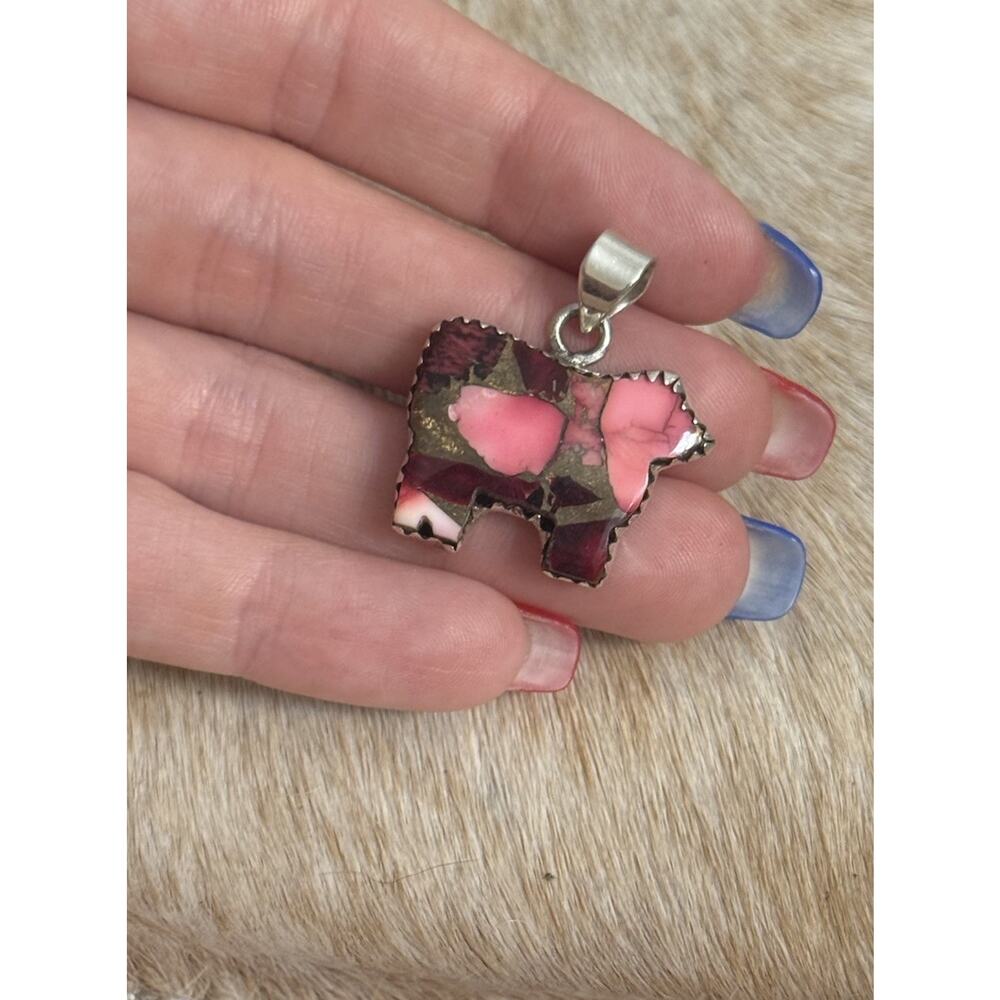 Native American SW Sterling Silver Red Dahlia Cow Steer Bull Farm Animal Pendant